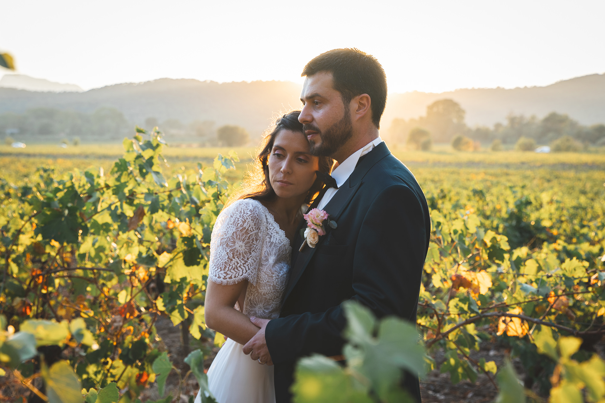 Photo d'un couple de mariés prise à la golden hour dans des vignes varoises.